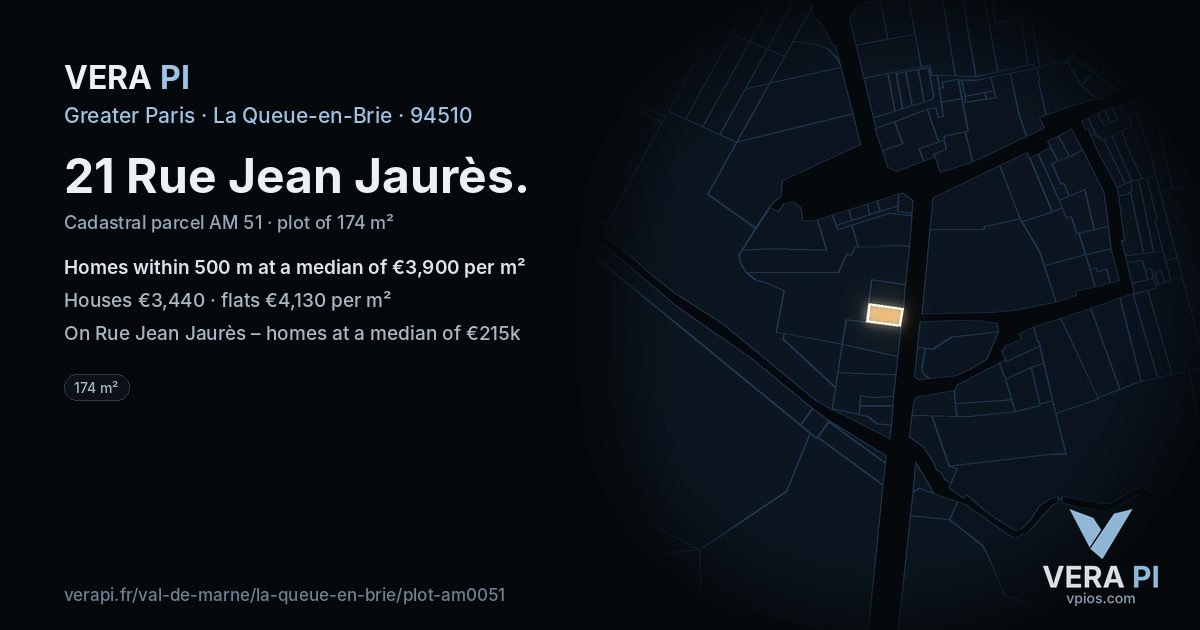 21 Rue Jean Jaurès, La Queue-en-Brie at night – the plot lit, the parcels around coloured by the prices near them