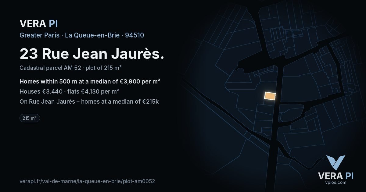 23 Rue Jean Jaurès, La Queue-en-Brie at night – the plot lit, the parcels around coloured by the prices near them
