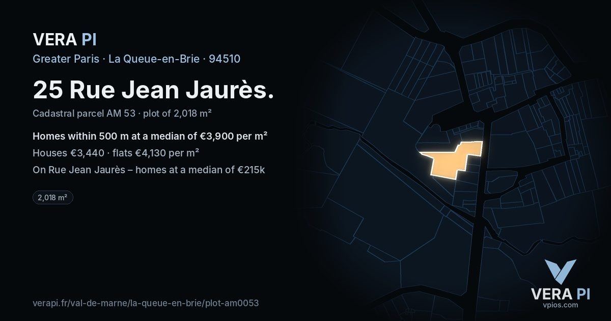 25 Rue Jean Jaurès, La Queue-en-Brie at night – the plot lit, the parcels around coloured by the prices near them