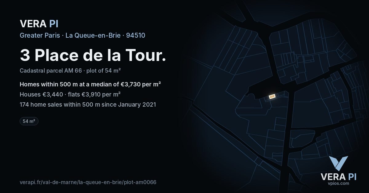 3 Place de la Tour, La Queue-en-Brie at night – the plot lit, the parcels around coloured by the prices near them