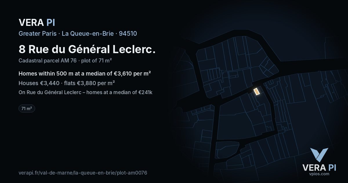 8 Rue du Général Leclerc, La Queue-en-Brie at night – the plot lit, the parcels around coloured by the prices near them