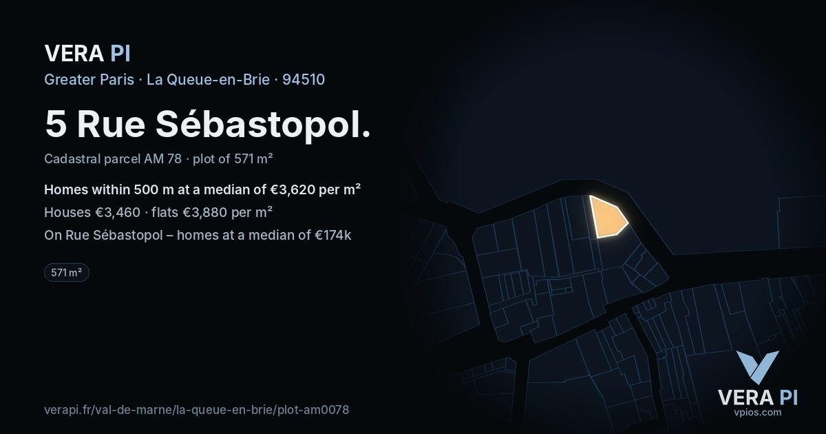 5 Rue Sébastopol, La Queue-en-Brie at night – the plot lit, the parcels around coloured by the prices near them