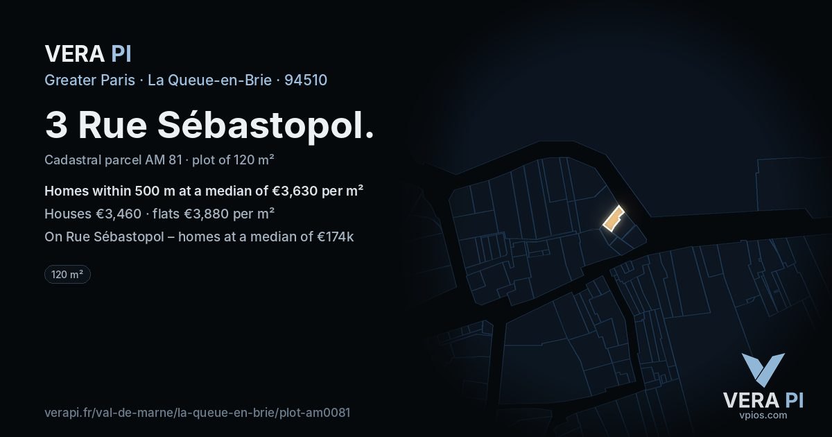 3 Rue Sébastopol, La Queue-en-Brie at night – the plot lit, the parcels around coloured by the prices near them