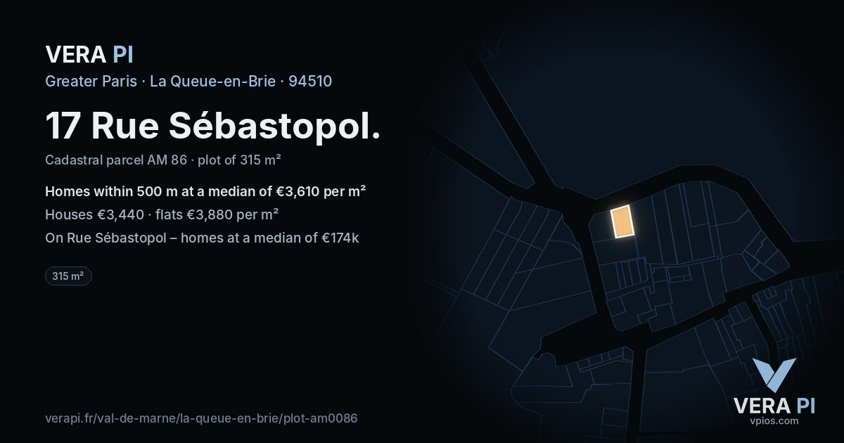 17 Rue Sébastopol, La Queue-en-Brie at night – the plot lit, the parcels around coloured by the prices near them