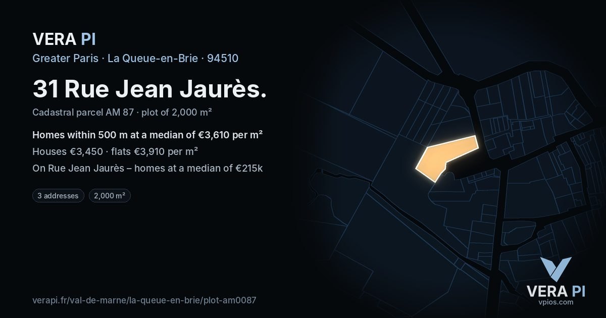 31 Rue Jean Jaurès, La Queue-en-Brie at night – the plot lit, the parcels around coloured by the prices near them