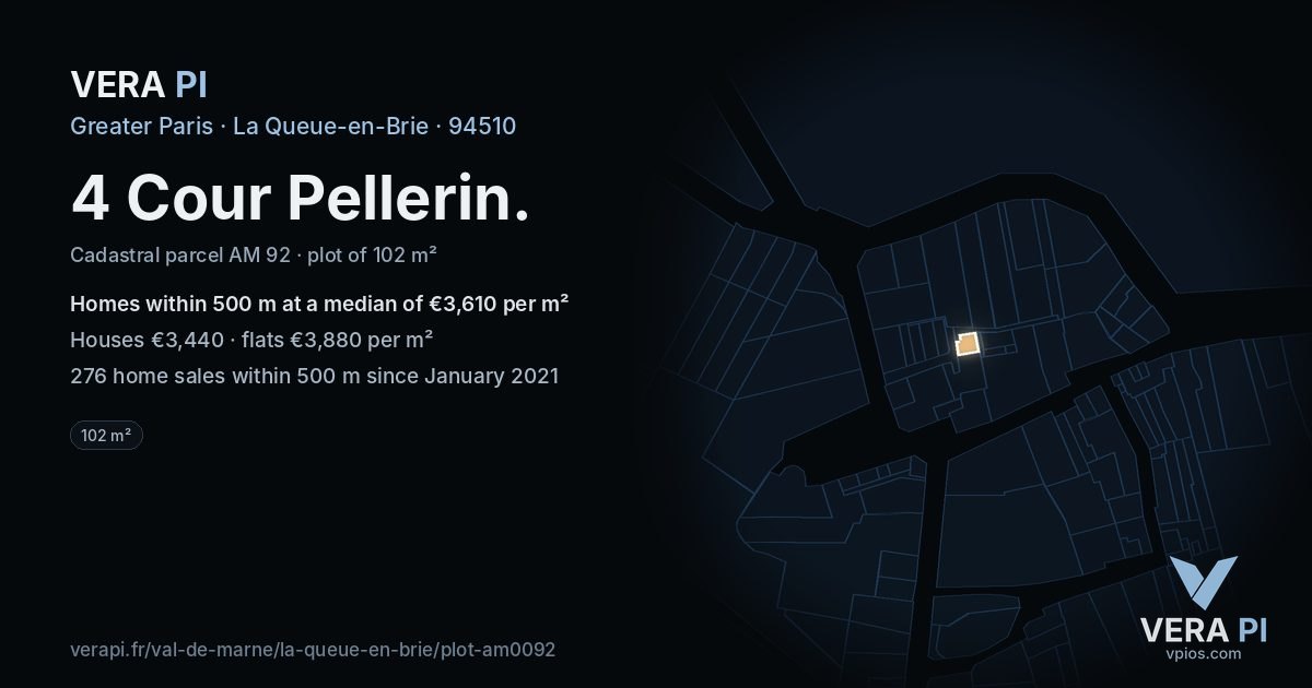 4 Cour Pellerin, La Queue-en-Brie at night – the plot lit, the parcels around coloured by the prices near them