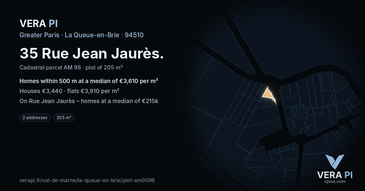 35 Rue Jean Jaurès, La Queue-en-Brie at night – the plot lit, the parcels around coloured by the prices near them
