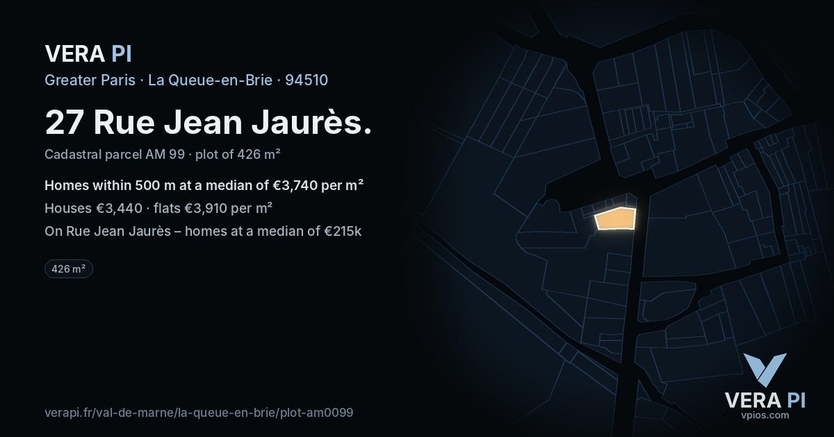 27 Rue Jean Jaurès, La Queue-en-Brie at night – the plot lit, the parcels around coloured by the prices near them