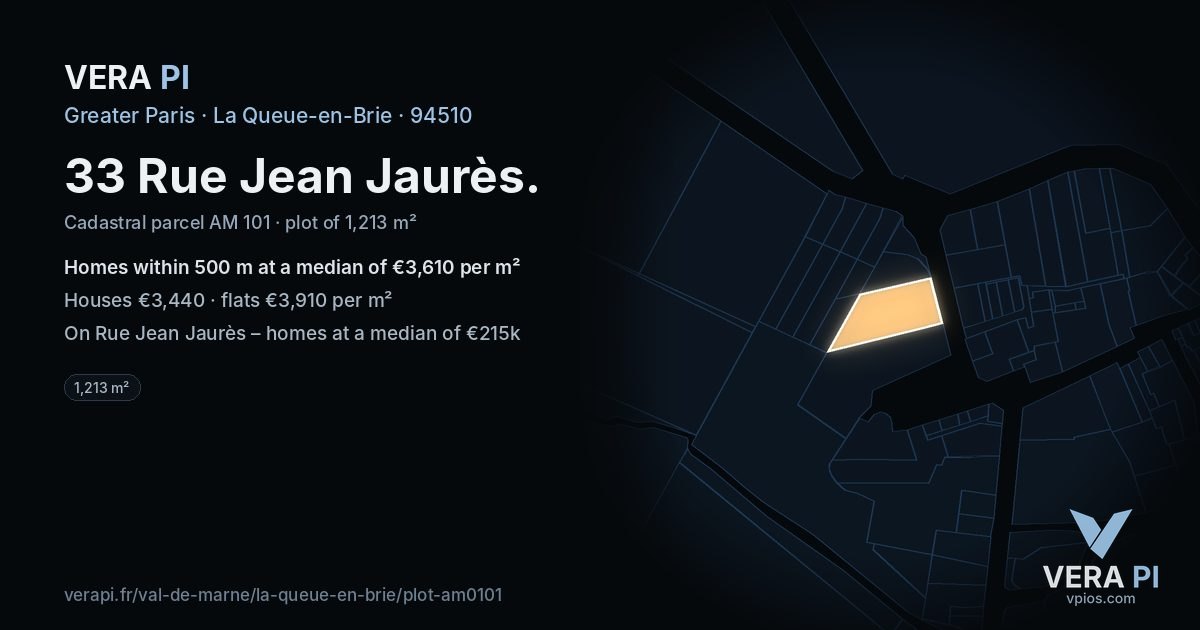 33 Rue Jean Jaurès, La Queue-en-Brie at night – the plot lit, the parcels around coloured by the prices near them