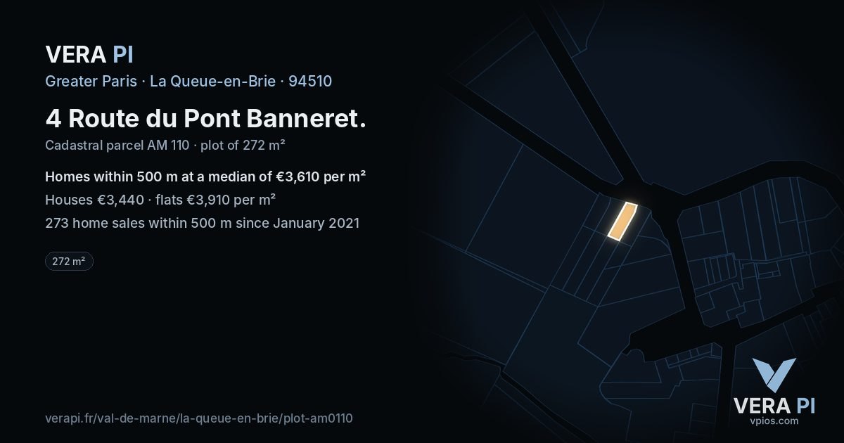 4 Route du Pont Banneret, La Queue-en-Brie at night – the plot lit, the parcels around coloured by the prices near them