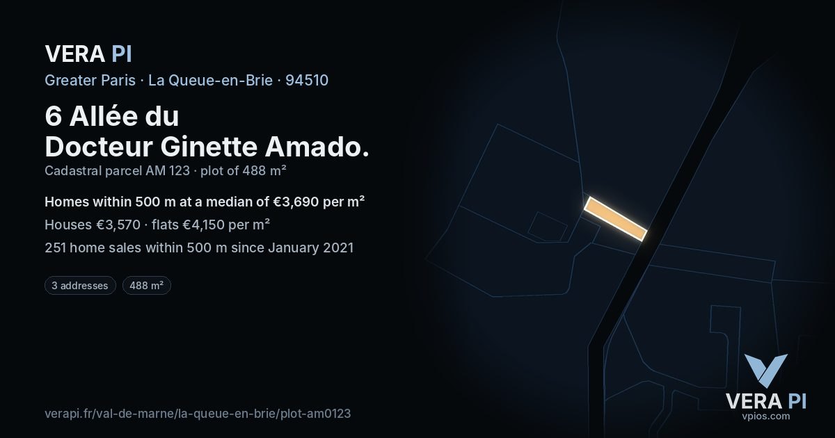 6 Allée du Docteur Ginette Amado, La Queue-en-Brie at night – the plot lit, the parcels around coloured by the prices near them