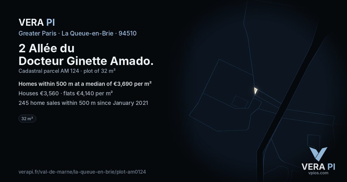 2 Allée du Docteur Ginette Amado, La Queue-en-Brie at night – the plot lit, the parcels around coloured by the prices near them