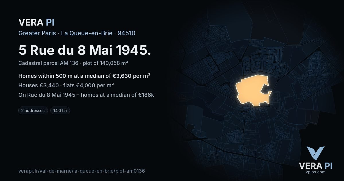 5 Rue du 8 Mai 1945, La Queue-en-Brie at night – the plot lit, the parcels around coloured by the prices near them