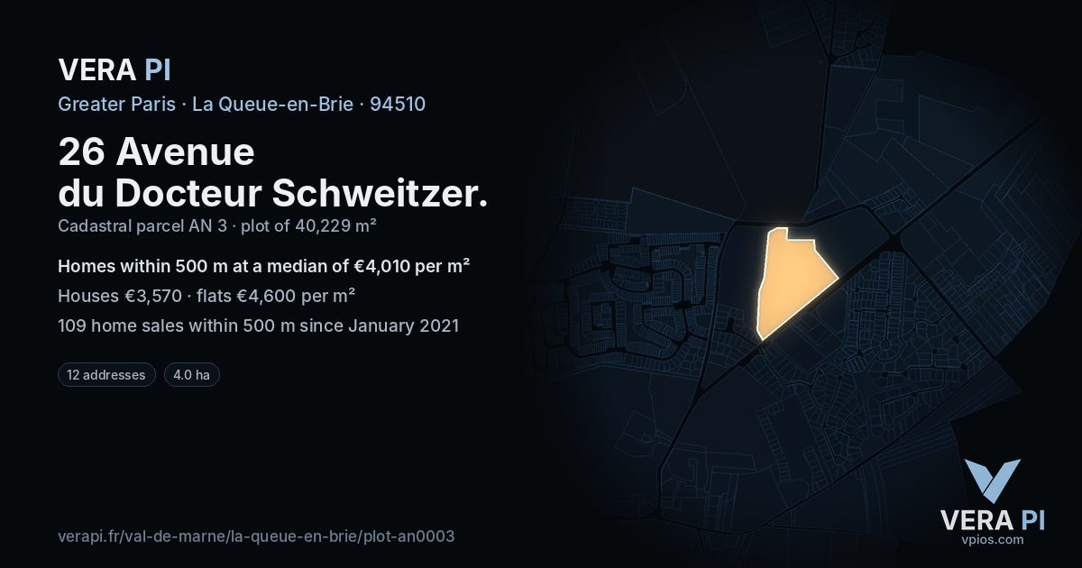 26 Avenue du Docteur Schweitzer, La Queue-en-Brie at night – the plot lit, the parcels around coloured by the prices near them