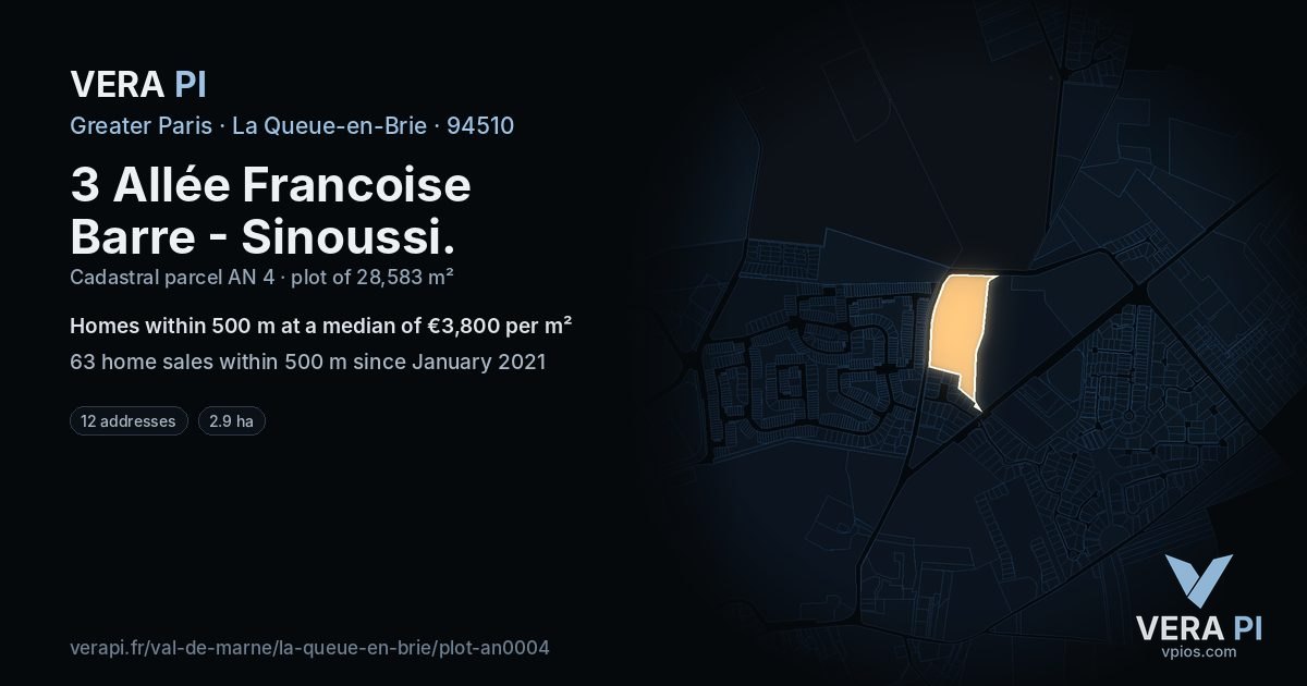 3 Allée Francoise Barre - Sinoussi, La Queue-en-Brie at night – the plot lit, the parcels around coloured by the prices near them
