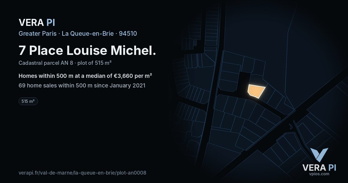 7 Place Louise Michel, La Queue-en-Brie at night – the plot lit, the parcels around coloured by the prices near them