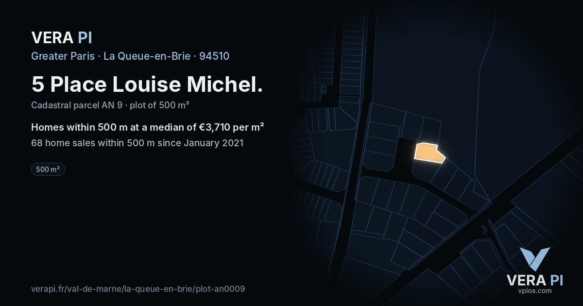 5 Place Louise Michel, La Queue-en-Brie at night – the plot lit, the parcels around coloured by the prices near them
