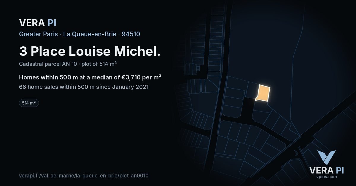 3 Place Louise Michel, La Queue-en-Brie at night – the plot lit, the parcels around coloured by the prices near them