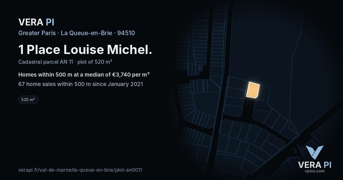 1 Place Louise Michel, La Queue-en-Brie at night – the plot lit, the parcels around coloured by the prices near them