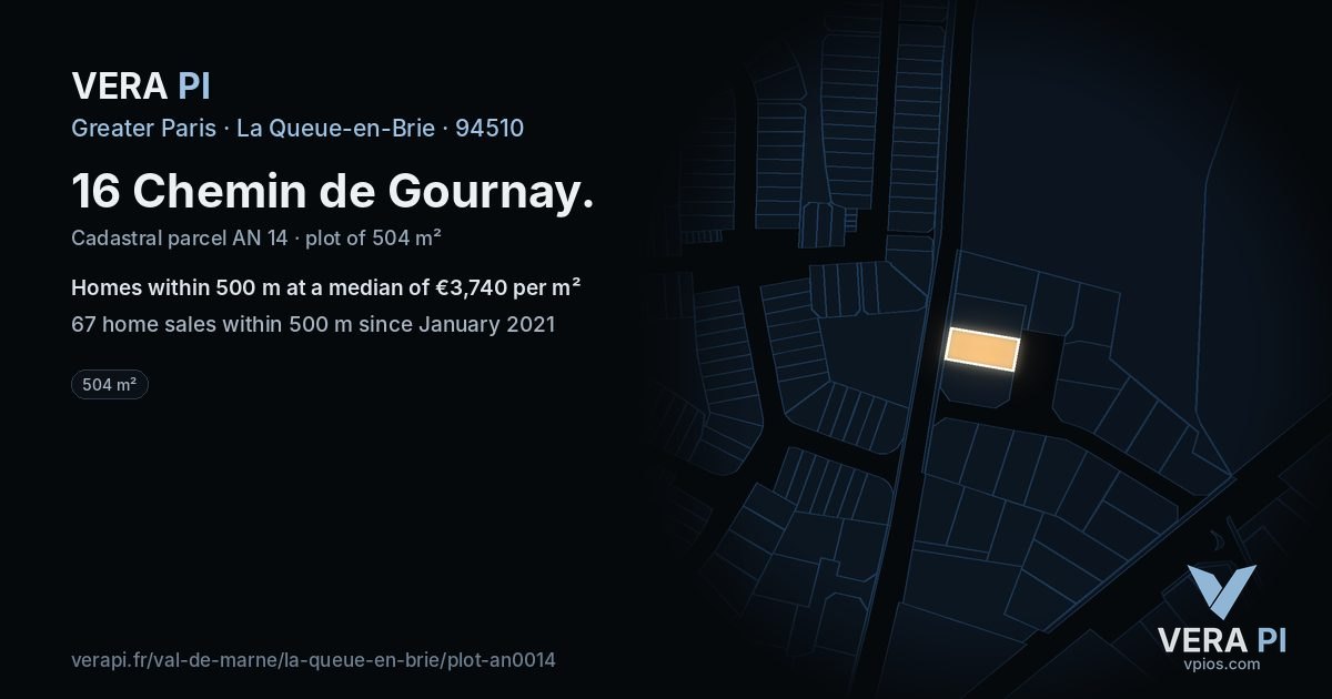 16 Chemin de Gournay, La Queue-en-Brie at night – the plot lit, the parcels around coloured by the prices near them