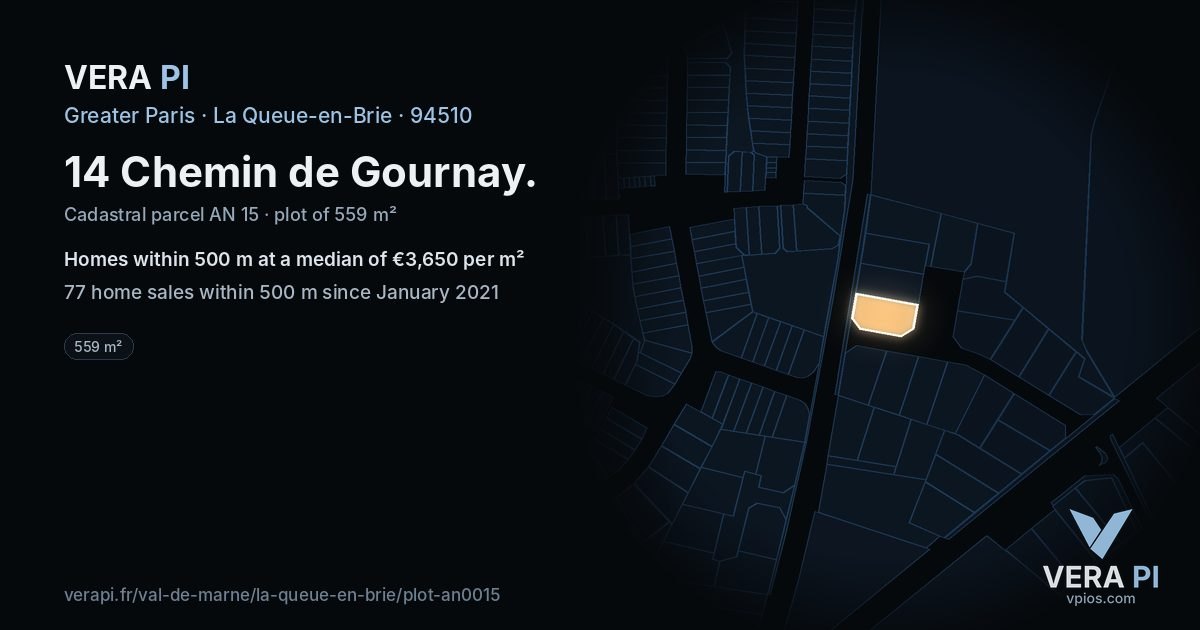 14 Chemin de Gournay, La Queue-en-Brie at night – the plot lit, the parcels around coloured by the prices near them