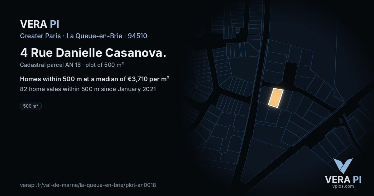 4 Rue Danielle Casanova, La Queue-en-Brie at night – the plot lit, the parcels around coloured by the prices near them