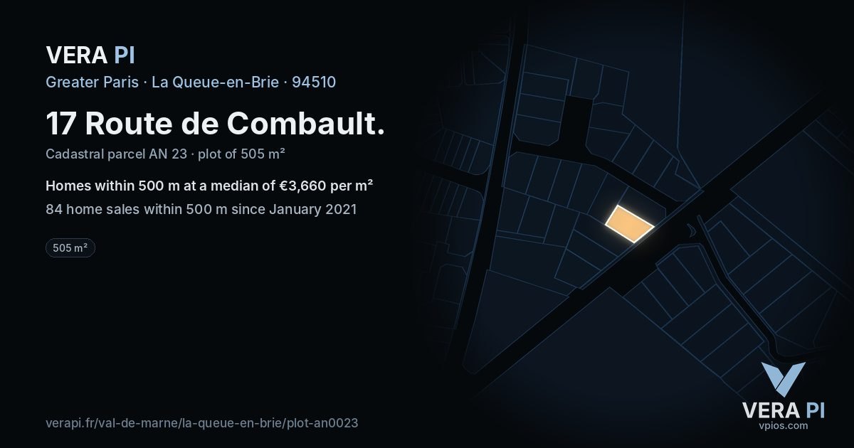 17 Route de Combault, La Queue-en-Brie at night – the plot lit, the parcels around coloured by the prices near them