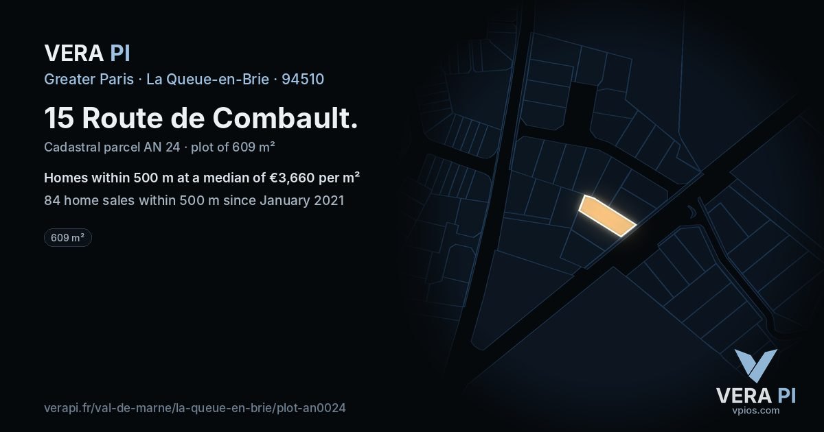 15 Route de Combault, La Queue-en-Brie at night – the plot lit, the parcels around coloured by the prices near them