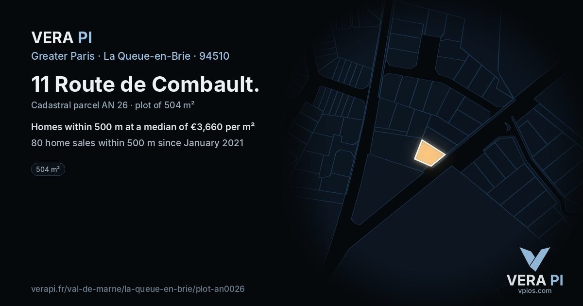 11 Route de Combault, La Queue-en-Brie at night – the plot lit, the parcels around coloured by the prices near them