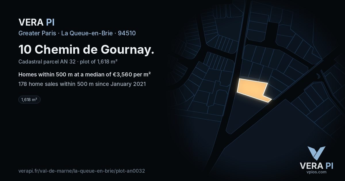 10 Chemin de Gournay, La Queue-en-Brie at night – the plot lit, the parcels around coloured by the prices near them