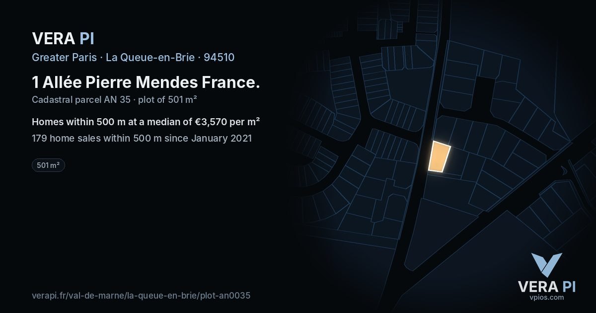 1 Allée Pierre Mendes France, La Queue-en-Brie at night – the plot lit, the parcels around coloured by the prices near them