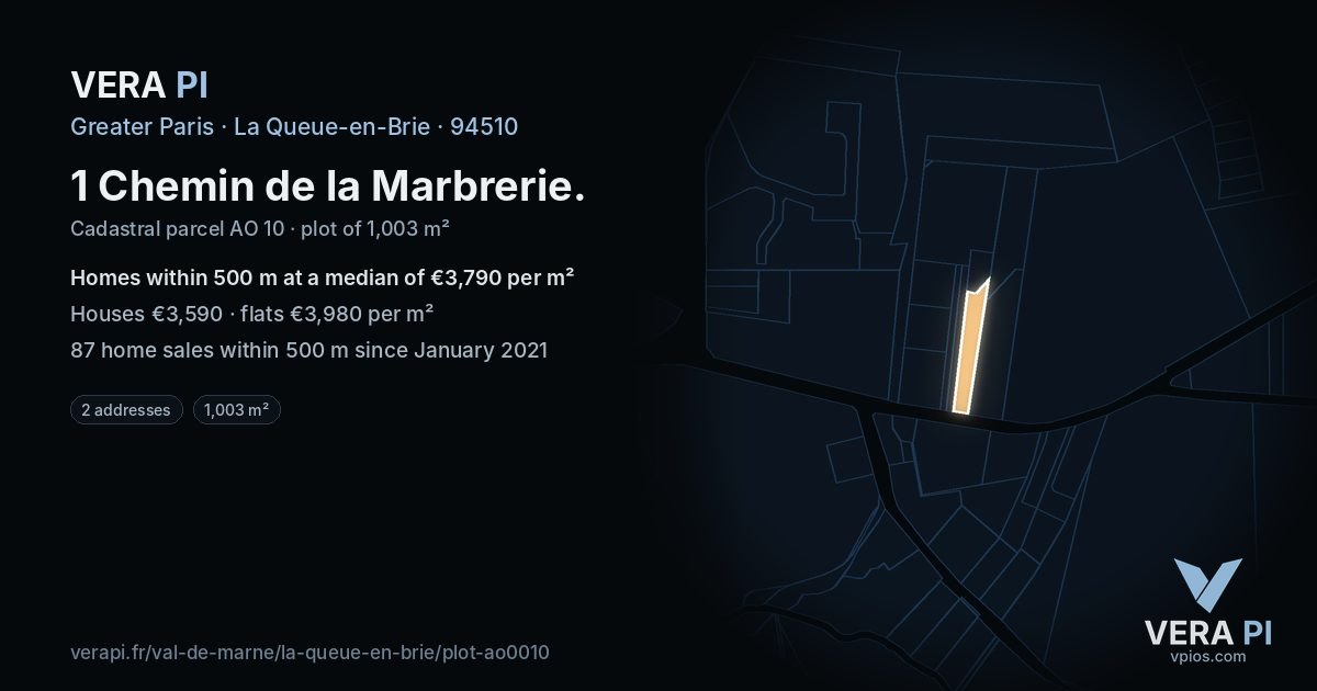 1 Chemin de la Marbrerie, La Queue-en-Brie at night – the plot lit, the parcels around coloured by the prices near them