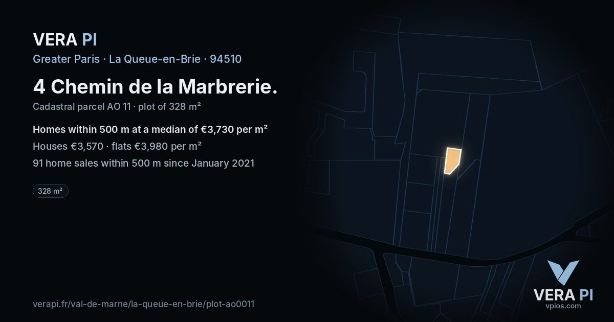 4 Chemin de la Marbrerie, La Queue-en-Brie at night – the plot lit, the parcels around coloured by the prices near them