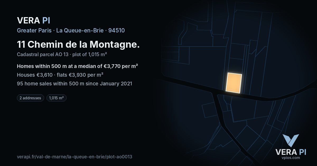 11 Chemin de la Montagne, La Queue-en-Brie at night – the plot lit, the parcels around coloured by the prices near them