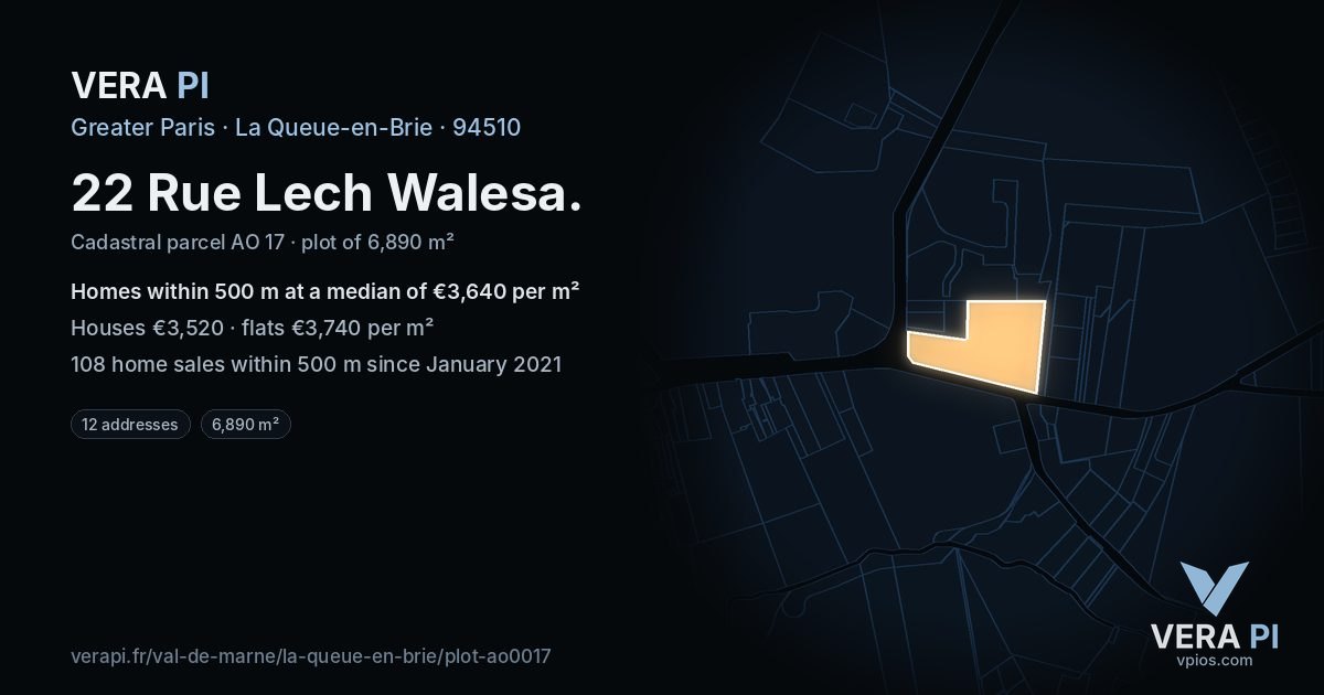 22 Rue Lech Walesa, La Queue-en-Brie at night – the plot lit, the parcels around coloured by the prices near them