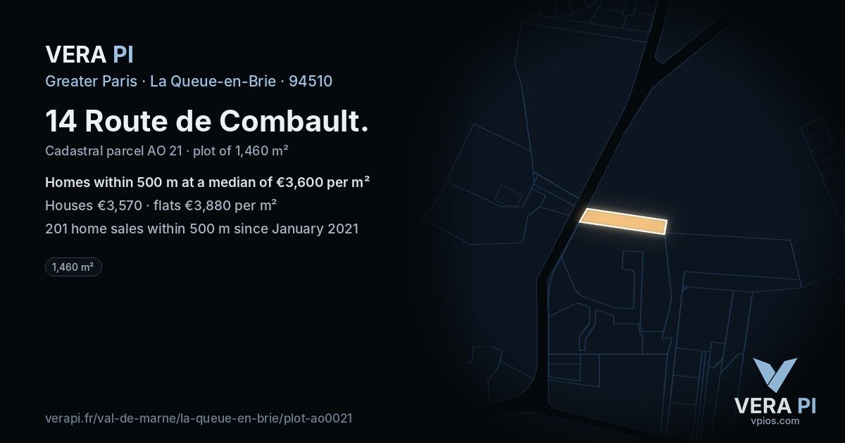 14 Route de Combault, La Queue-en-Brie at night – the plot lit, the parcels around coloured by the prices near them