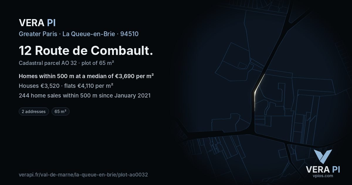 12 Route de Combault, La Queue-en-Brie at night – the plot lit, the parcels around coloured by the prices near them