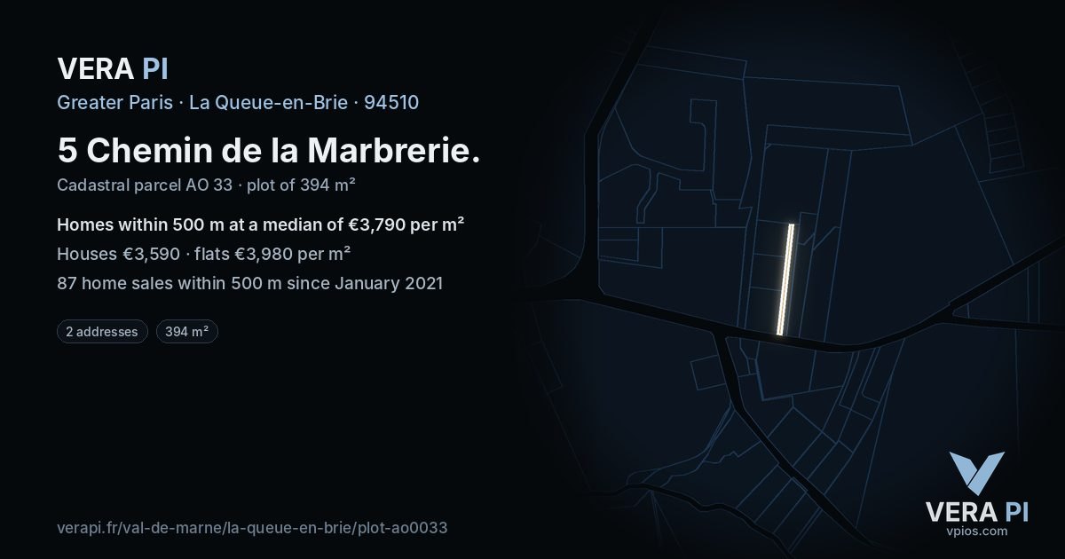 5 Chemin de la Marbrerie, La Queue-en-Brie at night – the plot lit, the parcels around coloured by the prices near them
