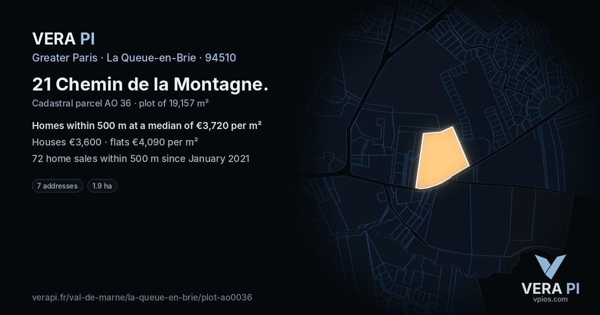 21 Chemin de la Montagne, La Queue-en-Brie at night – the plot lit, the parcels around coloured by the prices near them