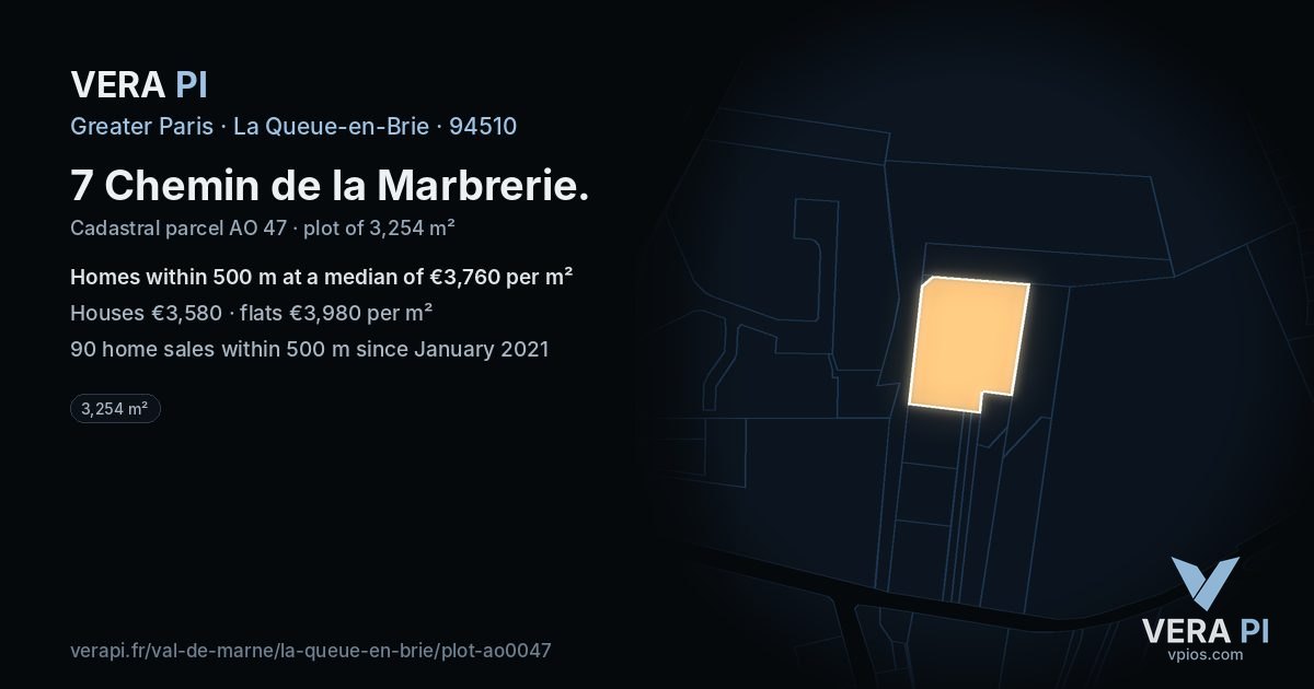 7 Chemin de la Marbrerie, La Queue-en-Brie at night – the plot lit, the parcels around coloured by the prices near them
