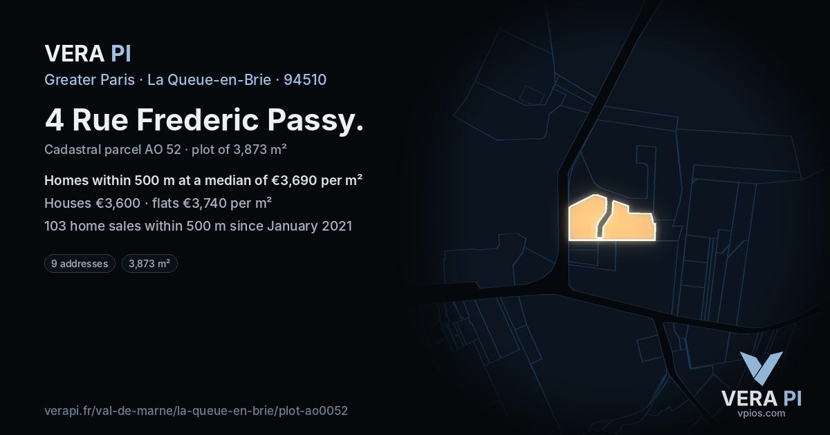 4 Rue Frederic Passy, La Queue-en-Brie at night – the plot lit, the parcels around coloured by the prices near them