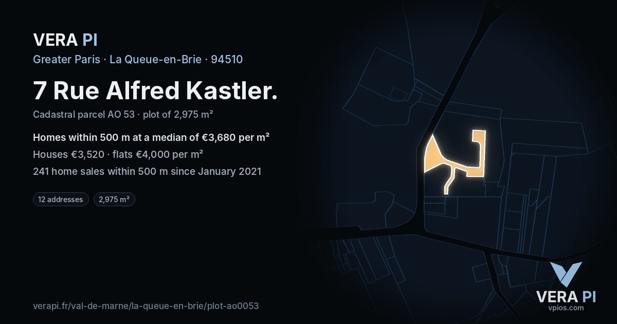7 Rue Alfred Kastler, La Queue-en-Brie at night – the plot lit, the parcels around coloured by the prices near them