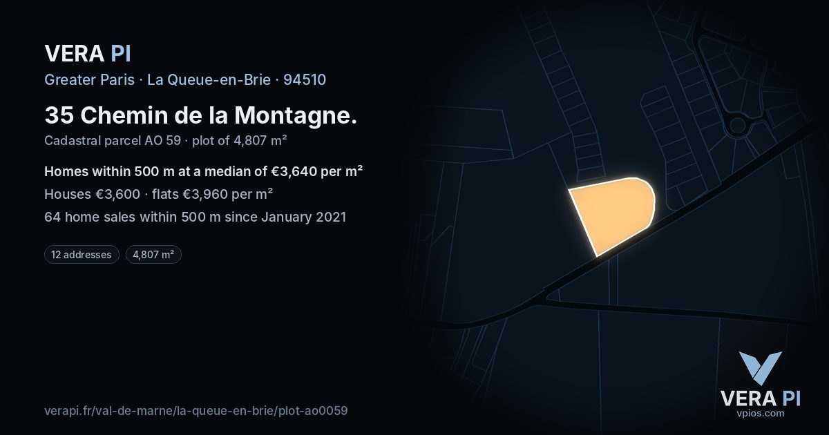 35 Chemin de la Montagne, La Queue-en-Brie at night – the plot lit, the parcels around coloured by the prices near them