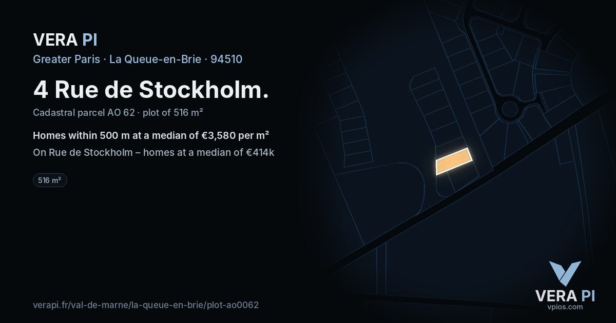 4 Rue de Stockholm, La Queue-en-Brie at night – the plot lit, the parcels around coloured by the prices near them