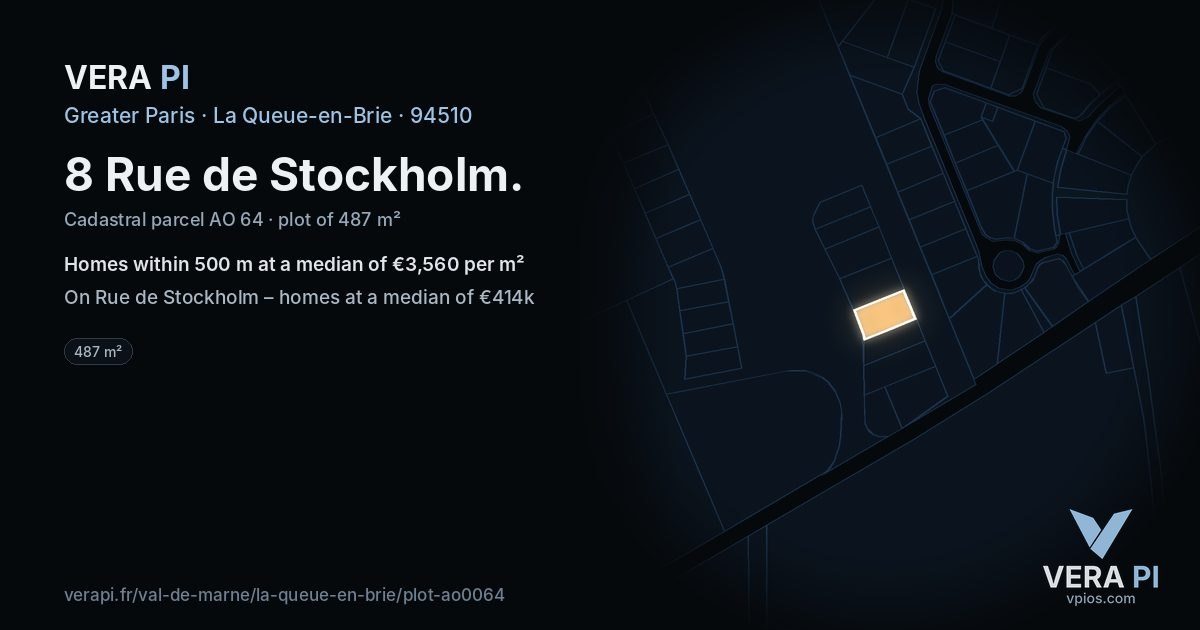 8 Rue de Stockholm, La Queue-en-Brie at night – the plot lit, the parcels around coloured by the prices near them