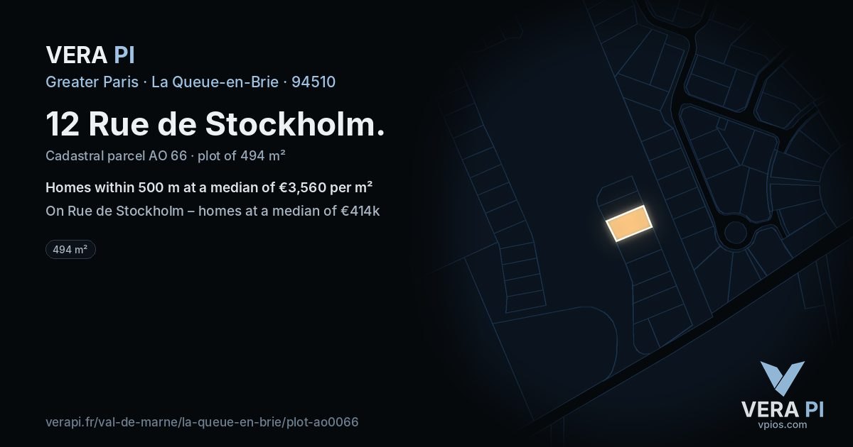 12 Rue de Stockholm, La Queue-en-Brie at night – the plot lit, the parcels around coloured by the prices near them