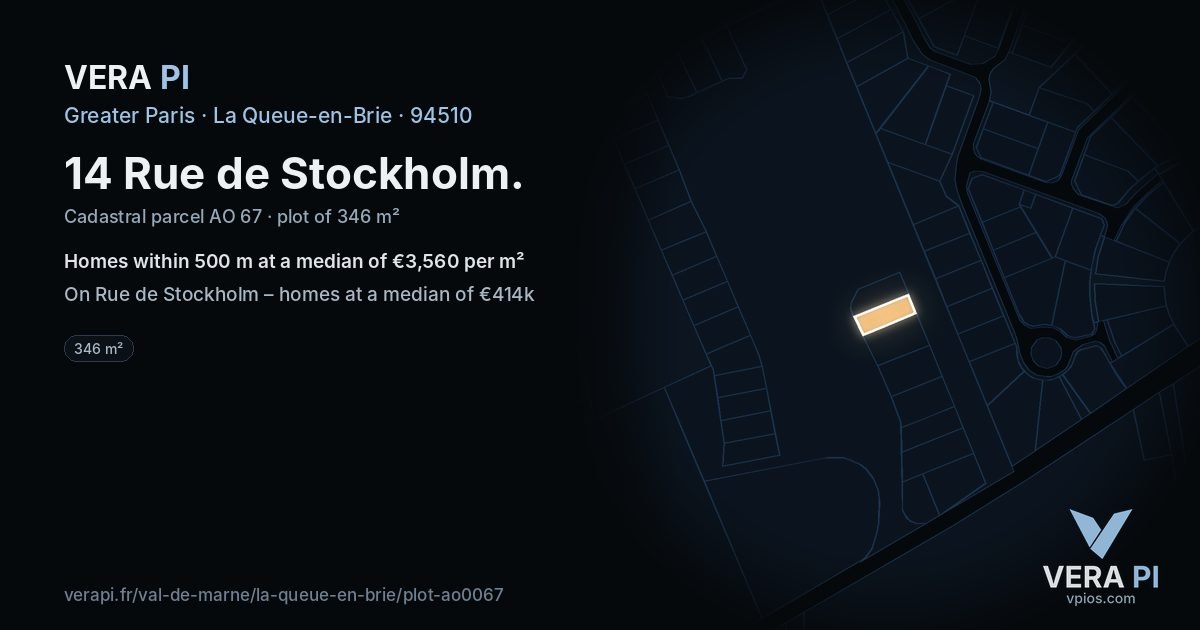 14 Rue de Stockholm, La Queue-en-Brie at night – the plot lit, the parcels around coloured by the prices near them