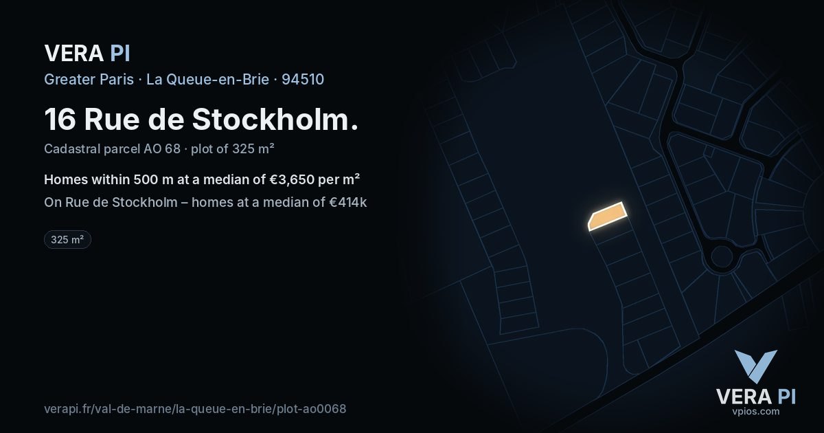 16 Rue de Stockholm, La Queue-en-Brie at night – the plot lit, the parcels around coloured by the prices near them