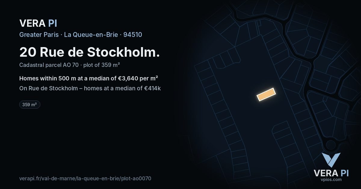 20 Rue de Stockholm, La Queue-en-Brie at night – the plot lit, the parcels around coloured by the prices near them