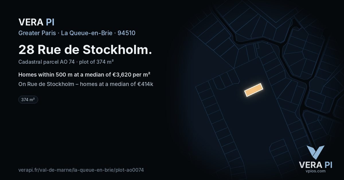 28 Rue de Stockholm, La Queue-en-Brie at night – the plot lit, the parcels around coloured by the prices near them